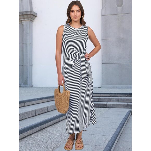 Women's Slim Fit Sleeveless T Shirt Midi Dress Tie Waist Vacation Dress - Picture 9 of 9